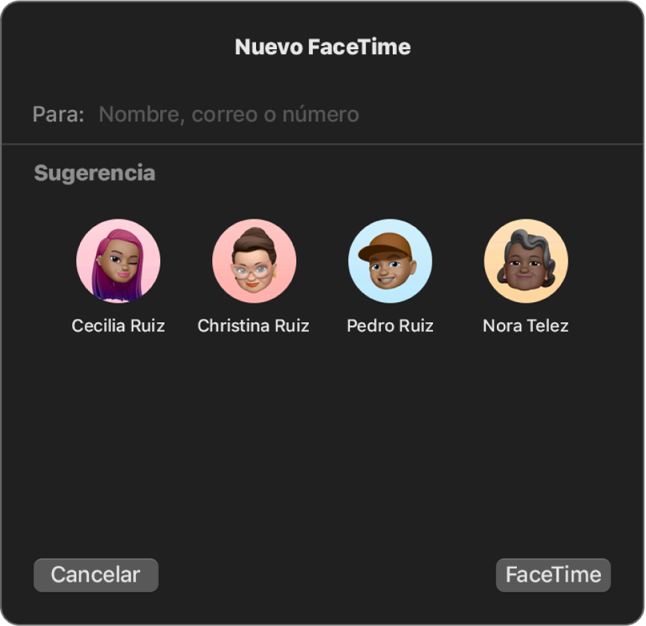 La ventana Nuevo FaceTime, donde se ingresan nombres de contactos en el campo Para o se eligen de los recomendados.