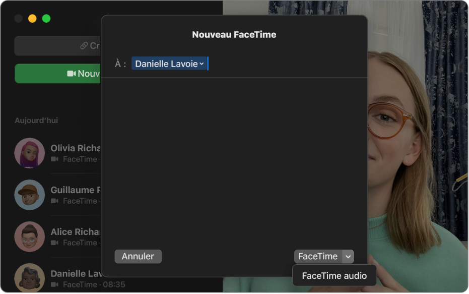 Une fenêtre « Nouvel appel FaceTime », affichant lʼoption permettant de lancer un appel FaceTime vidéo ou un appel FaceTime audio.