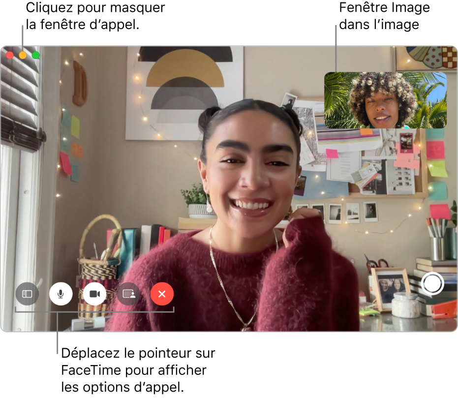 Placez le pointeur sur la fenêtre FaceTime pour afficher les boutons « Barre latérale », « Couper le micro », « Couper le son de la vidéo », « Partage de lʼécran », Raccrocher et « Live Photo ». Cliquez sur le bouton du milieu situé dans le coin supérieur gauche pour masquer la fenêtre d’appel. La fenêtre d’image dans l’image apparaît dans le coin supérieur droit.