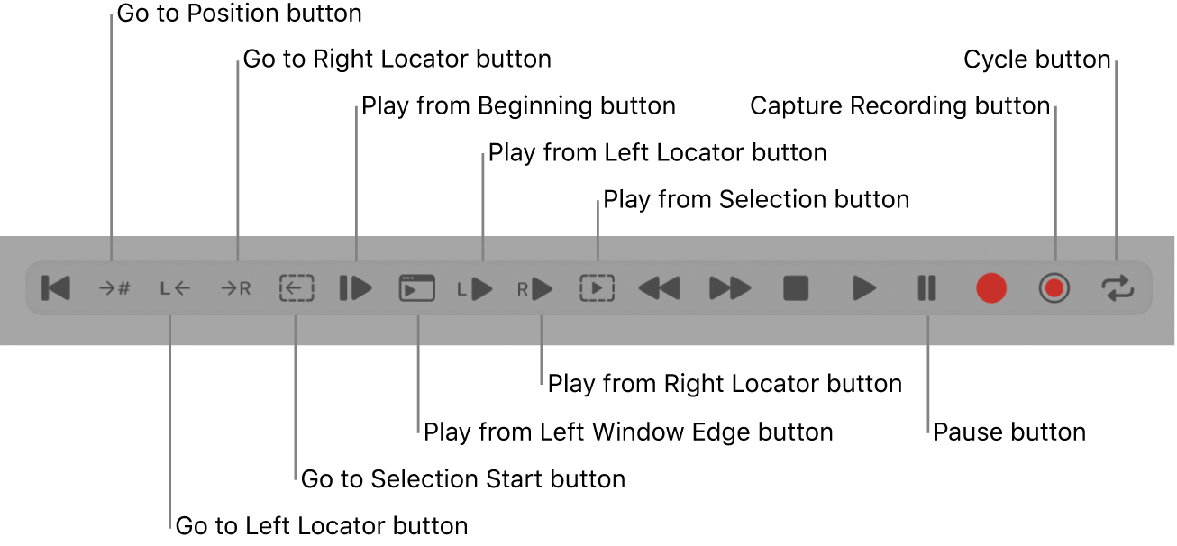 Figure. Transport buttons, showing all additional buttons.