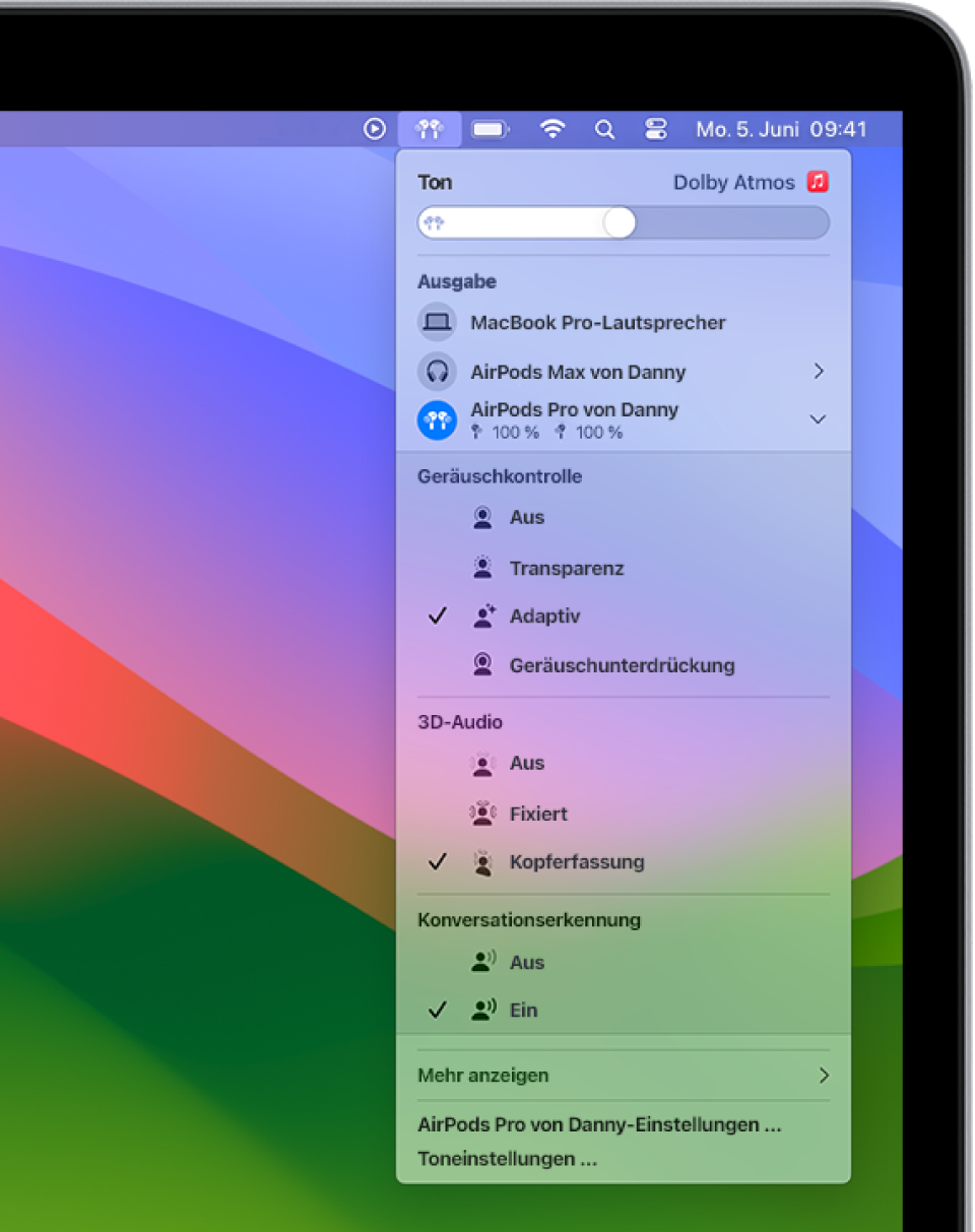 Das Symbol für die AirPods oben rechts in der Menüleiste des Mac ist ausgewählt. Für die AirPods Pro (alle Generationen) ist unter „Geräuschkontrolle“ die Option „Geräuschunterdrückung“ ausgewählt. Unter „3D-Audio“ ist „Kopferfassung“ ausgewählt.