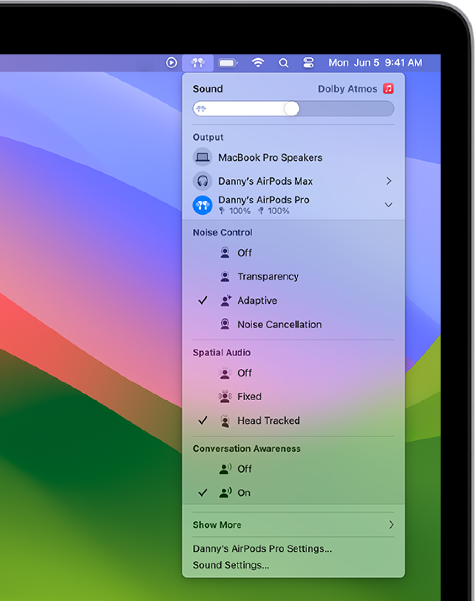 AirPods autiņu ikona ir atlasīta Mac datora izvēlnes joslas augšējā labajā stūrī. AirPods Pro (visas paaudzes) austiņām sadaļā Noise Cancellation ir izvēlēta opcija Noise Control, bet sadaļā Spatial Audio — opcija Head Tracked.