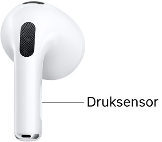 De locatie van de druksensor op de AirPods (3e generatie), op de steel van beide AirPods.