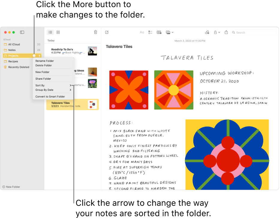 The Notes window with one folder in the sidebar showing the More button where you can make changes to a folder. Above the list of notes in the middle is the sort option, which changes the order of the notes—click the arrow to select a different sort order.