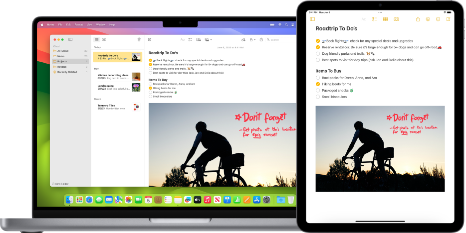 Una Mac y un iPad mostrando la misma nota de iCloud.