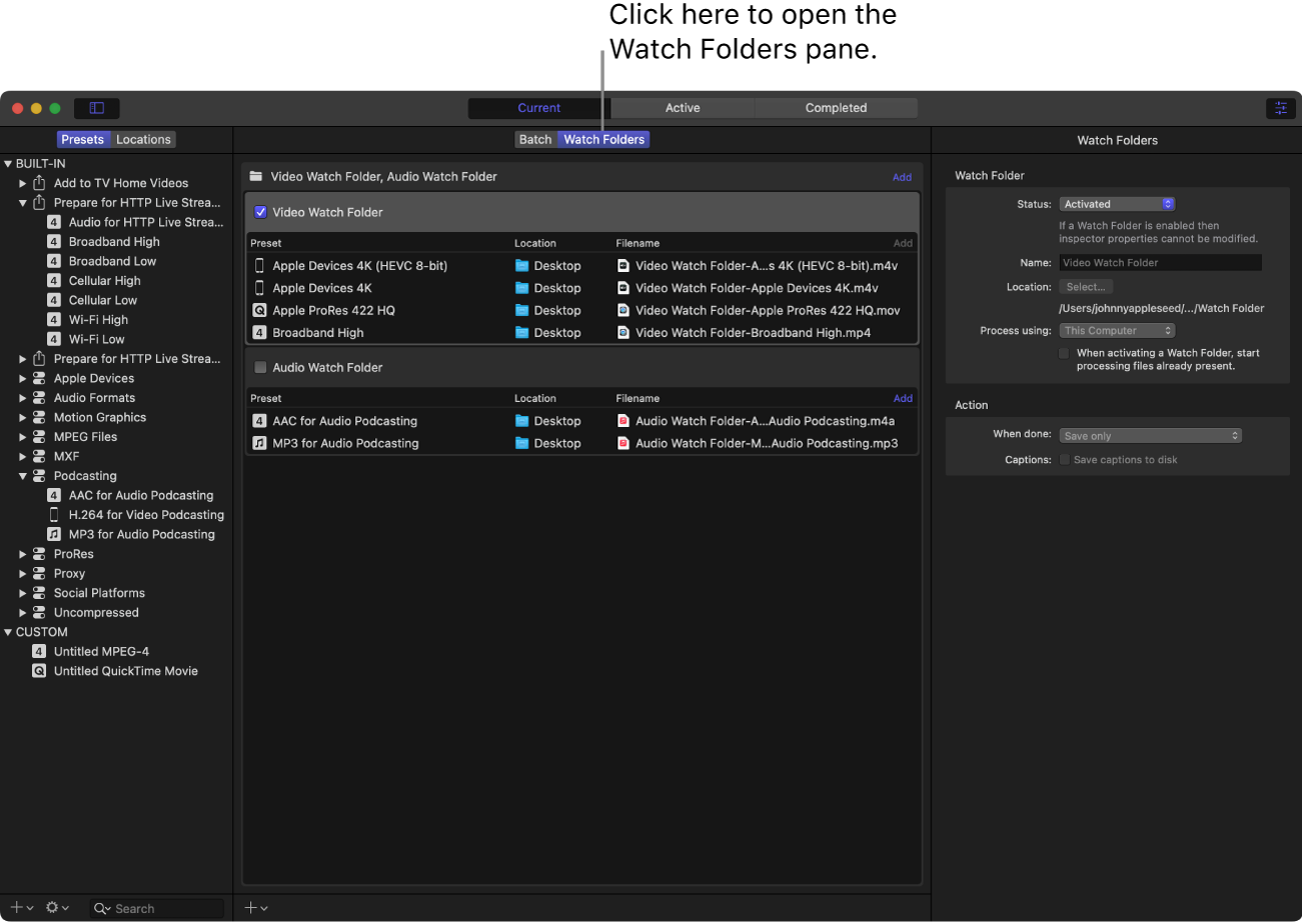 Compressor interface with the Watch Folder workspace showing.