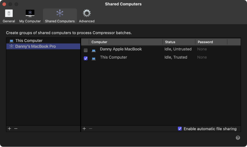 Shared Computers setting window showing untrusted computer.