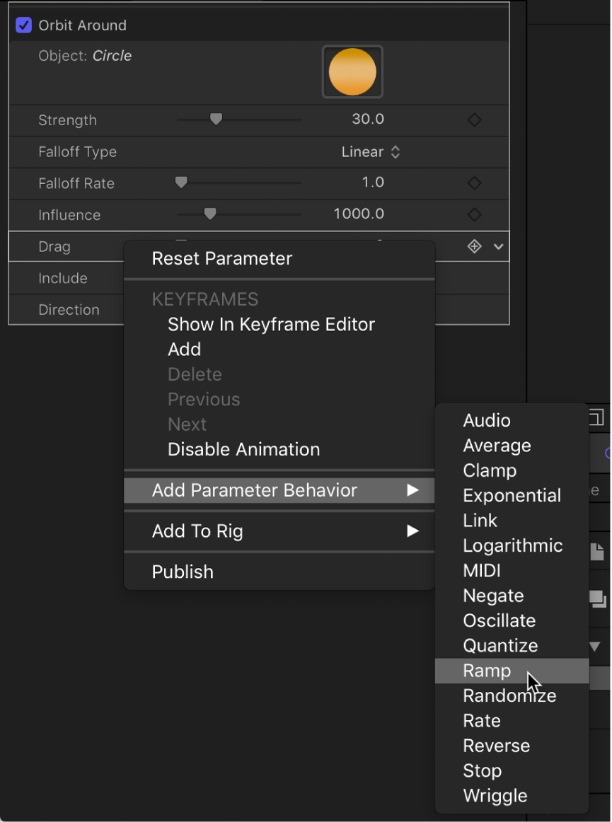 Adding a Parameter behavior via Control-clicking a parameter name in the Inspector