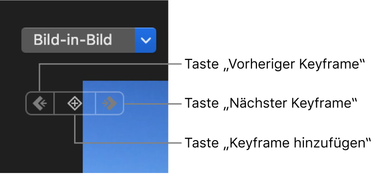 Tasten „Vorheriger Keyframe“, „Nächster Keyframe“ und „Keyframe löschen“ im Viewer