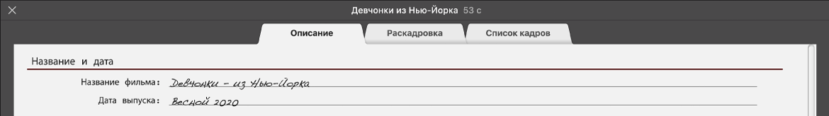 Панель «Описание» для трейлера