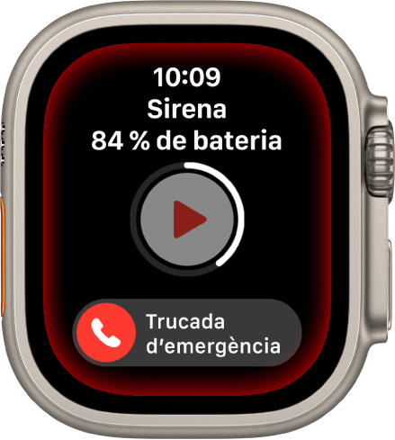 Compte enrere de la sirena. A prop de la part superior es mostra la càrrega de la bateria, al centre hi ha el botó Reproduir i a la part inferior hi ha el regulador “Trucada d’emergència”.
