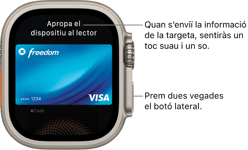 Pantalla de l’Apple Pay amb “Mantén-lo prop del lector” a la part superior; notaràs una vibració suau i sentiràs un so quan s’hagi enviat la informació de la targeta.