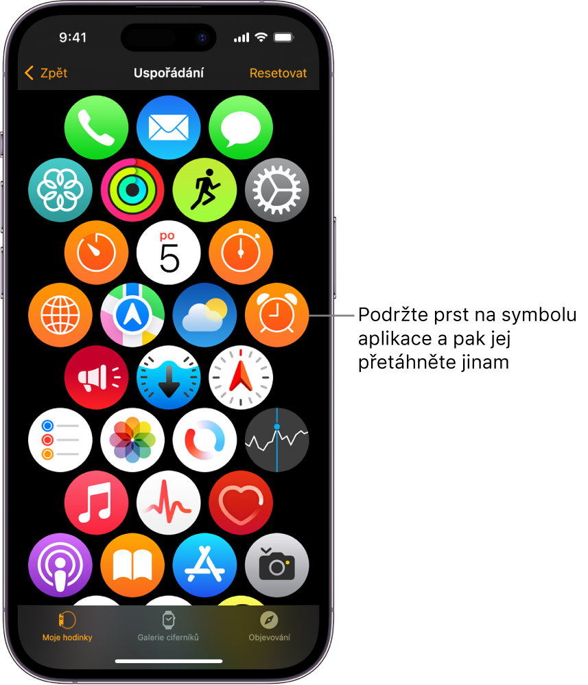 Obrazovka Uspořádání v aplikaci Apple Watch s ikonami uspořádanými v mřížce.