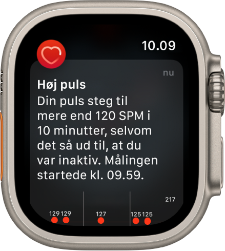 En skærm med advarsel om puls, som indikerer høj puls.