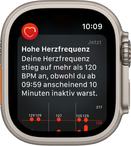 Die Anzeige „Hohe Herzfrequenz“ mit der Mitteilung, dass deine Herzfrequenz 10 Minuten lang über 120 Schläge pro Minute lag.