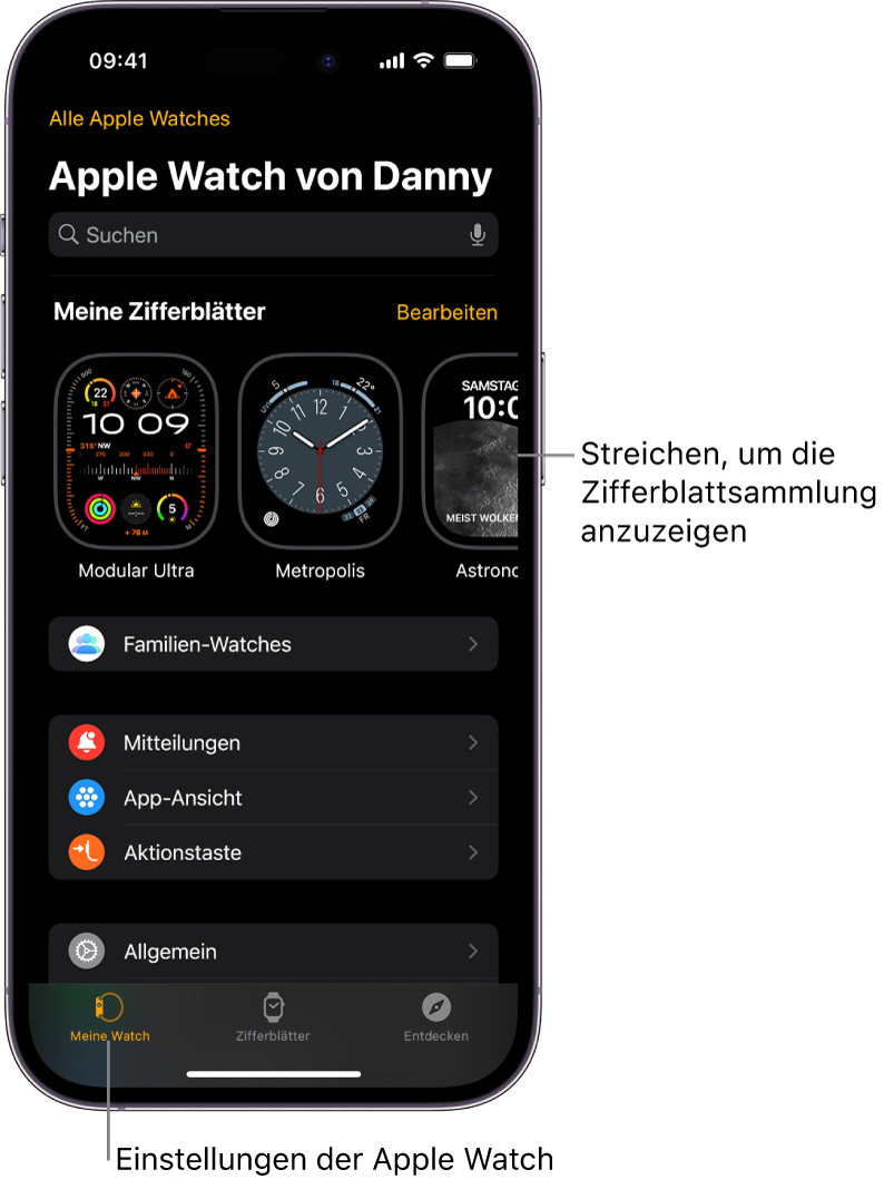 Die Apple Watch-App auf dem iPhone öffnet sich mit dem Bildschirm „Meine Watch“, in dem oben deine Zifferblätter und unten die Einstellungen angezeigt werden. Unten in der Apple Watch-App befinden sich drei Tabs: Links der Tab „Meine Watch“ mit den Einstellungen für die Apple Watch, daneben die Zifferblattgalerie, in der du die verfügbaren Zifferblätter und Komplikationen durchsuchen kannst, rechts daneben der Tab „Entdecken“, wo du mehr über die Apple Watch erfährst.