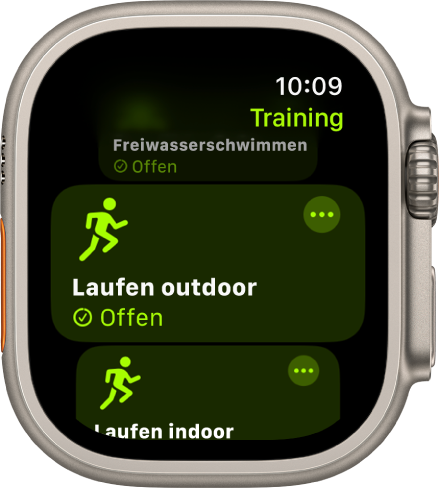 Die App „Training“ mit hervorgehobenem Training „Laufen outdoor“. Die Taste „Mehr“ befindet sich oben rechts in der Trainingskachel.