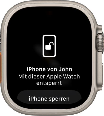 Display der Apple Watch mit der Nachricht „Christians iPhone von dieser Apple Watch entsperrt“ Darunter ist die Taste „iPhone sperren“ zu sehen.