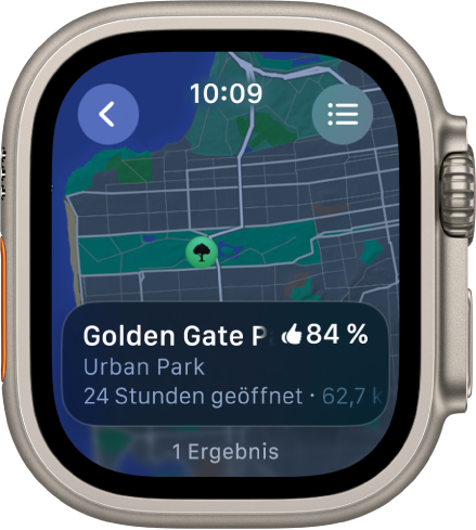 Die App „Karten“ mit einer Karte des Golden Gate Park in San Francisco, zusammen mit einer Bewertung des Parks, seinen Öffnungszeiten und seiner Entfernung von deinem aktuellen Standort. Die Taste „Routen“ befindet sich oben rechts. Oben links ist die Taste „Zurück“.