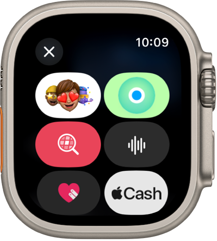 Die App „Nachrichten“ mit der Taste „Apple Cash“ und den Tasten „Memoji“, „Standort“, „GIF“, „Audio“ und „Digital Touch“.