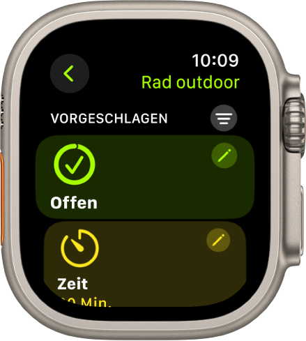 Die App „Training“ mit einer Anzeige zum Bearbeiten eines Outdoor-Radfahrtrainings. Die Kachel „Offen“ wird in der Mitte angezeigt. In ihrer oben rechten Ecke befindet sich die Taste „Bearbeiten“. Darunter ist ein Teil der Kachel „Zeit“ zu sehen.