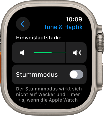 Die Einstellungen für „Töne & Haptik“ auf der Apple Watch mit dem Regler „Warnton-Lautstärke“ oben und dem Schalter „Stummmodus“ darunter.