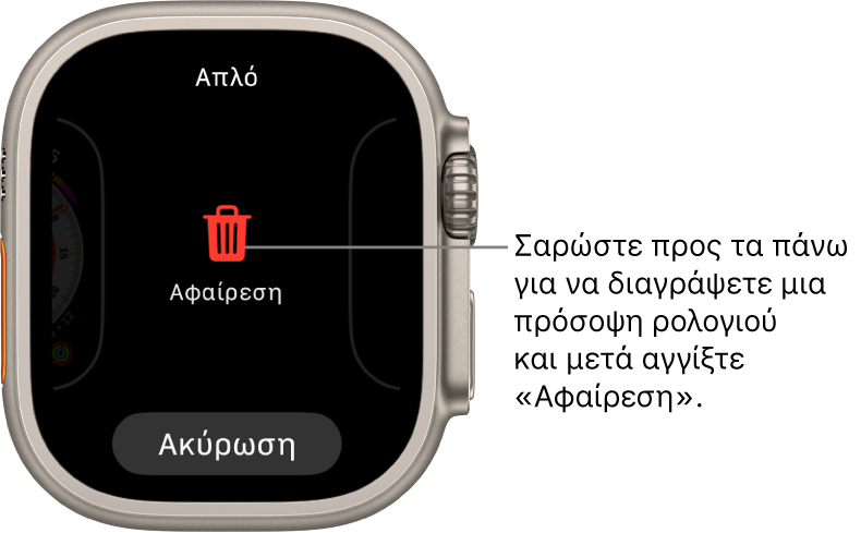 Οθόνη του Apple Watch που εμφανίζει τα κουμπιά «Αφαίρεση» και «Ακύρωση», τα οποία εμφανίζονται όταν σαρώσετε μια νέα πρόσοψη ρολογιού. Σαρώστε προς τα πάνω στην πρόσοψη ρολογιού για να τη διαγράψετε.