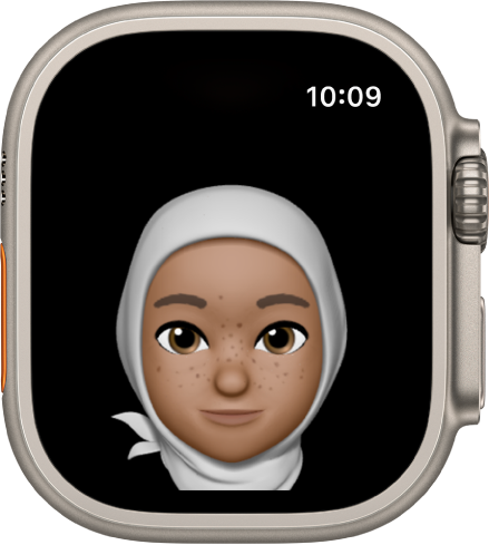 Η εφαρμογή Memoji στο Apple Watch όπου εμφανίζεται ένα πρόσωπο.