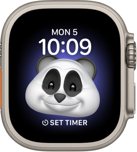 The Memoji watch face, where you can adjust the Memoji character and a bottom complication. Tap the display to animate the Memoji. The date and time are at the top and the Timer complication is at the bottom.