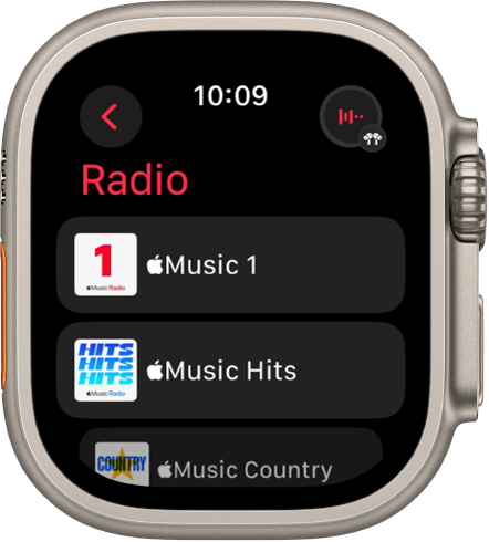 The Radio screen showing three Apple Music stations. The Now Playing button is at the top right. The Back button is at the top left.