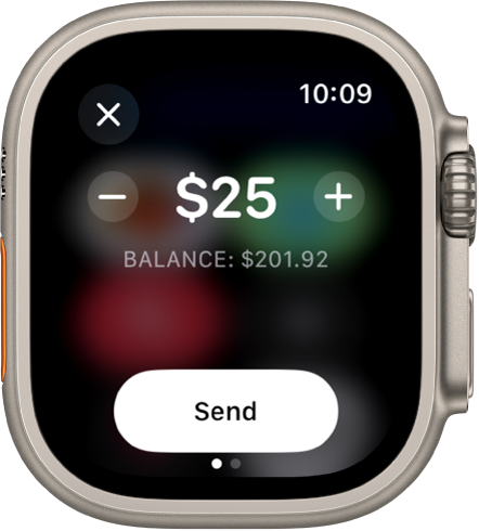 A Messages screen showing an Apple Cash payment being prepared. A dollar amount is at the top. The current balance is below, and the Send button is at the bottom.