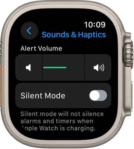 Sounds & Haptics settings on Apple Watch, with the Alert Volume slider at the top, and the Silent Mode switch below it.