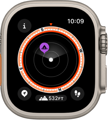 The Compass app showing a waypoint within a dial. The Info button is at the top left, the Waypoints button is at the bottom left, the Elevation button is at the middle bottom, and the Backtrack button is at the bottom right.