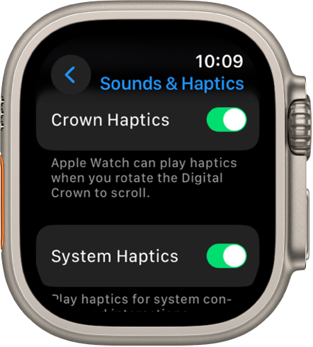 The Crown Haptics screen, showing the Crown Haptics switch turned on. The System Haptics switch is below.