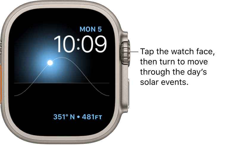 The Solar Graph watch face displays the day, date, and current time, which can’t be modified. A Compass Heading complication appears at the bottom right. Tap the watch face, then turn the Digital Crown to move the sun in the sky to dusk, dawn, zenith, sunset, and darkness.