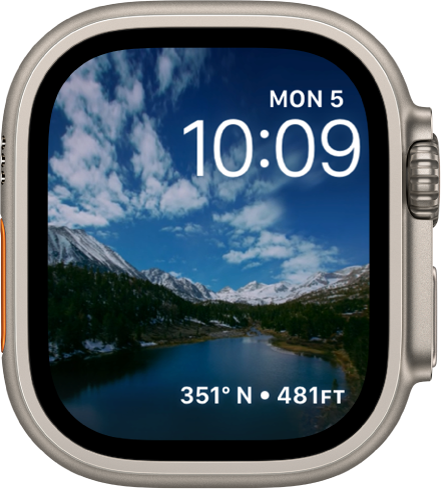 The Timelapse watch face shows timelapse video of a scenic locale. At the bottom is the Compass Heading complication.