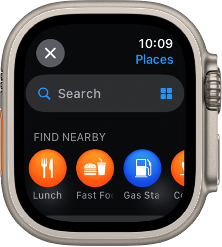 The Search screen in the Maps app, with the Search field near the top. A Find Nearby heading appears near the bottom with categories such as lunch and gas stations below.