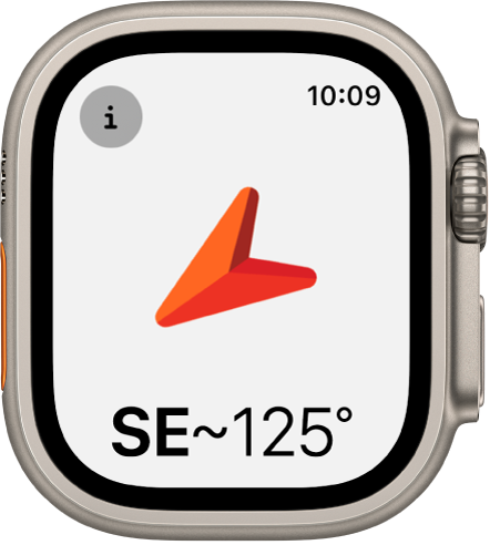 La brújula mostrando una flecha grande apuntando hacia la dirección que aparece debajo. El botón Información está en la esquina superior izquierda.