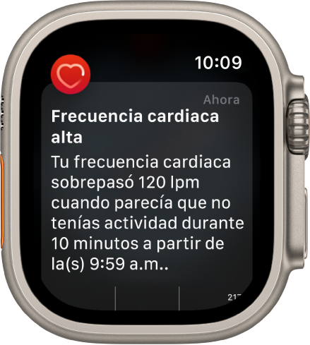 Pantalla Alerta de frecuencia cardiaca indicando que se detectó una frecuencia cardiaca alta.