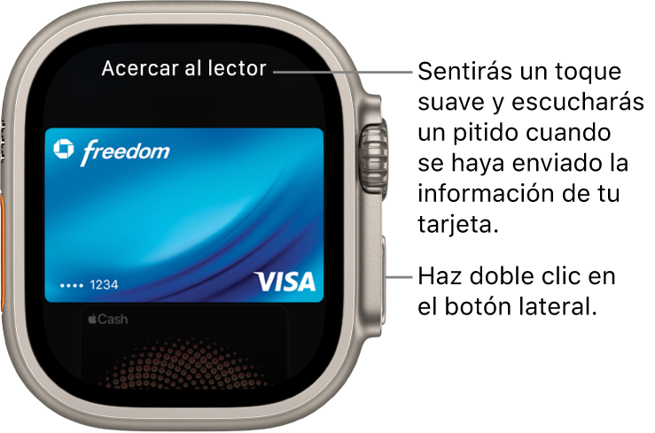 Pantalla de Apple Pay con el texto Acercar al lector en la parte superior; sentirás una pequeña vibración y escuchas un pitido cuando se envíe la información de tu tarjeta.