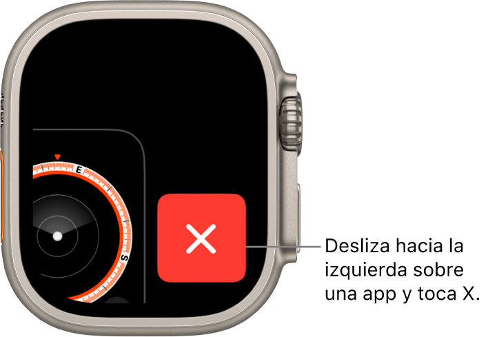 El selector de apps mostrando una X grande a la derecha y una parte de la app a la izquierda. Toca la X para eliminar la app del selector de apps.