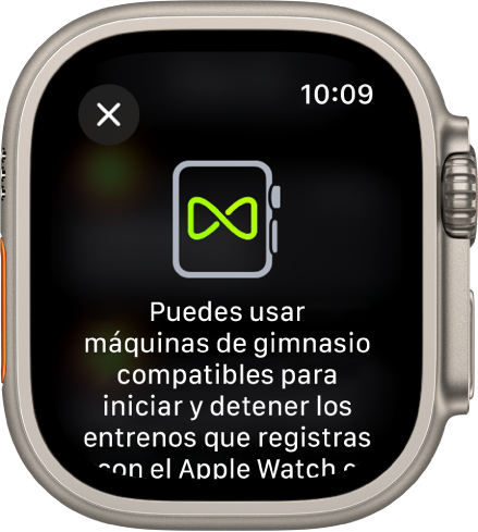 Una pantalla de enlace que aparece al enlazar el Apple Watch con las máquinas del gimnasio.