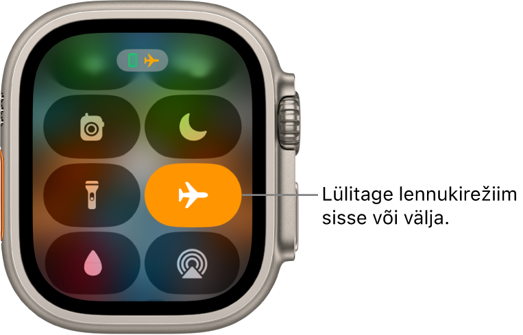 Control Center, kus nupp Airplane Mode on tõstetud esile, tähistamaks et Airplane Mode on sees.