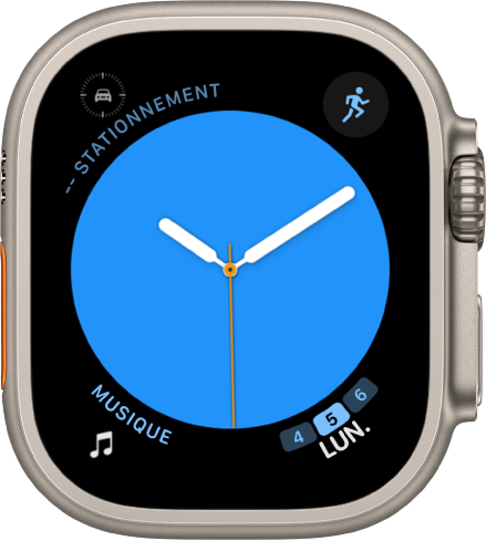 Cadran Couleur, sur lequel vous pouvez modifier la couleur du cadran. Il affiche quatre complications : Repère de stationnement en haut à gauche, Exercice en haut à droite, Musique en bas à gauche et Calendrier en bas à droite.