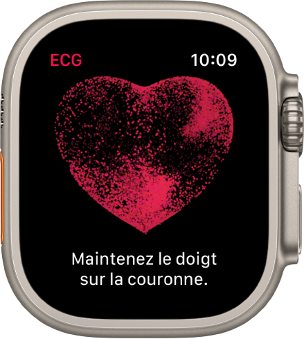 L’app ECG montrant l’image d’un cœur accompagné de la phrase suivante : « Maintenez le doigt sur la couronne ».