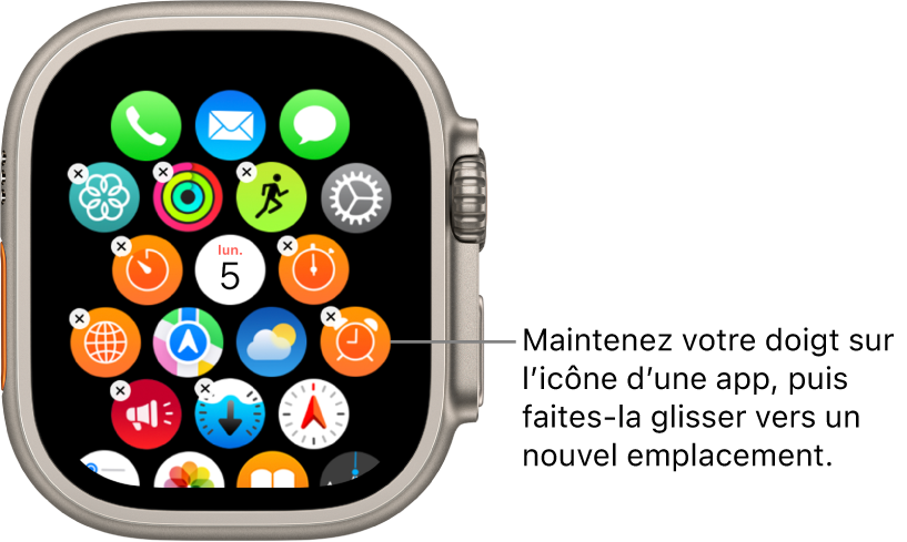 Écran d’accueil en présentation en grille sur l’Apple Watch.