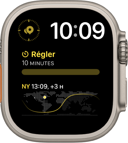 Le cadran Modulaire duo avec une horloge numérique vers le coin supérieur droit et trois complications : Points de repère Boussole en haut à gauche, Minuteurs au milieu et Horloge mondiale en bas.