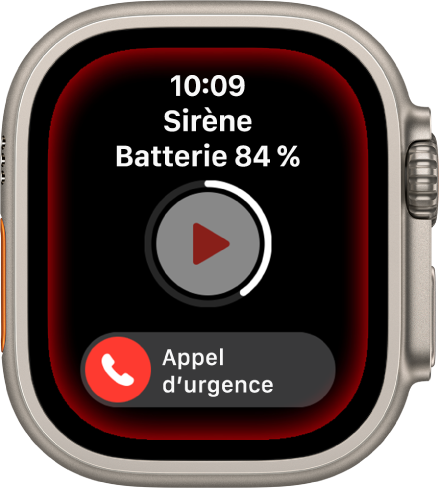 Compte à rebours de l’alarme. En haut figure la charge de la batterie, au milieu, un bouton Lecture et en bas, le curseur « Appel d’urgence ».