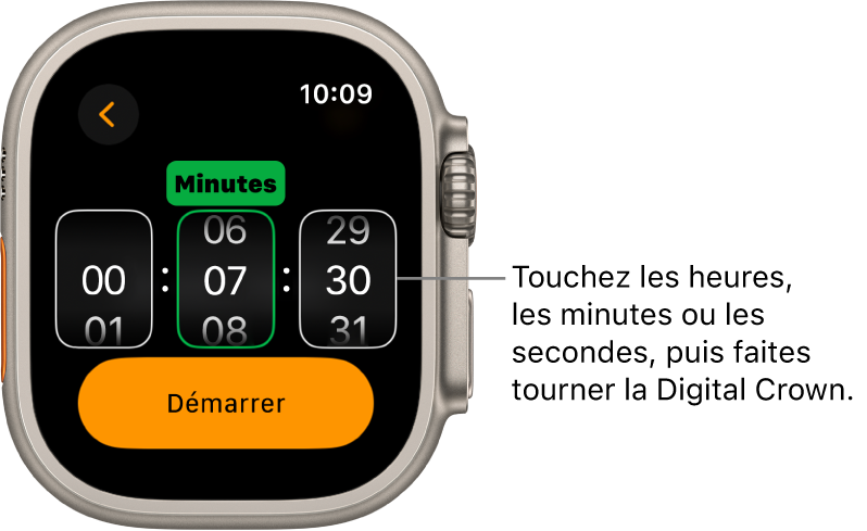 Réglages de création d’un minuteur personnalisé, avec les heures à gauche, les minutes au centre et les secondes à droite. Le bouton Démarrer se trouve en dessous.