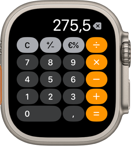 Apple Watch montrant l’app Calculette. L’écran affiche un pavé numérique classique et des fonctions mathématiques sur la droite. Vers le haut se trouvent les boutons C, plus ou moins et pourboire.